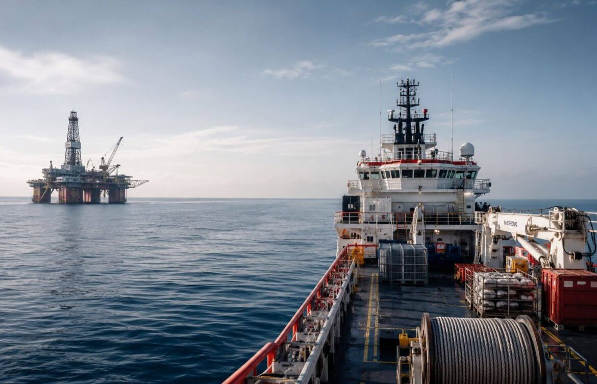 Marine support vessel alongside offshore oil and gas platform in Nigeria