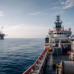 Marine support vessel alongside offshore oil and gas platform in Nigeria